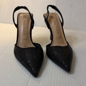 Anne Klein Black Pointed Rhinestone Slingback Heels Ivan Size 6.5